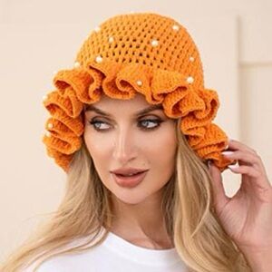 Orange Ruffled Crochet Hat with Pearls